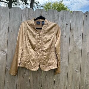 Laura Scott petite 10 gold embroidered floral beaded king sleeve top vintage‎